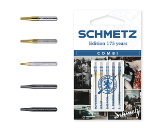 Schmetz Combi Edition 175 years 5-pack Gold Topstitch 80/12, Gold Jeans 90/14, Gold Embroidery 75/11, Black Super Stretch 75/11, Black Super Universal 75/11