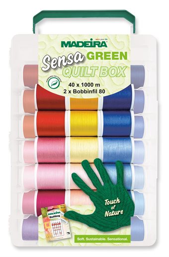 MADEIRA SENSA GREEN 100% LYOCELL 40 st fæger 1000m rullar. 2 x Bobbinfil 80 1000M, 1 x Quilting nål, 1 x færgkarta