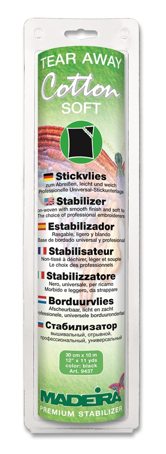 MADEIRA Tear Away Stabilizer Cotton Soft Black - Mellomlegg Mjuk, Riva av, - SVART 30 cm - 10M 100% Bomull