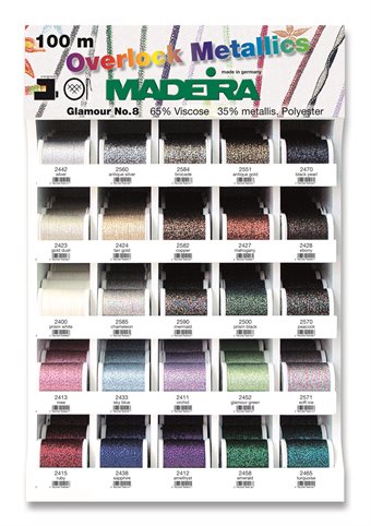 MADEIRA Glamour No.8 100M Overlock Metallics Display med 125 spolar, 25 færger