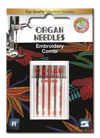 Organ Needle Combi Boks 1-Antiglue 75, 1-Broderi 75, 1-Titanium SUK 75, 1-Metall 80, 1-TopStitch 80