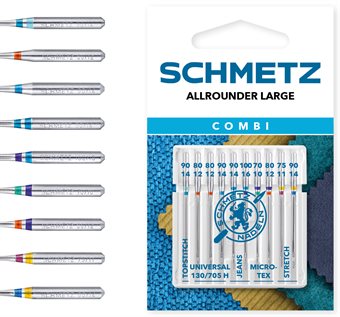 Schmetz Combi ALLROUNDER LARGE / Topstitch 90, Universal 2x80,1x90, Jeans 1x90,1x100, Microtex 1x70,1x80, Stretch 1x75,1x90